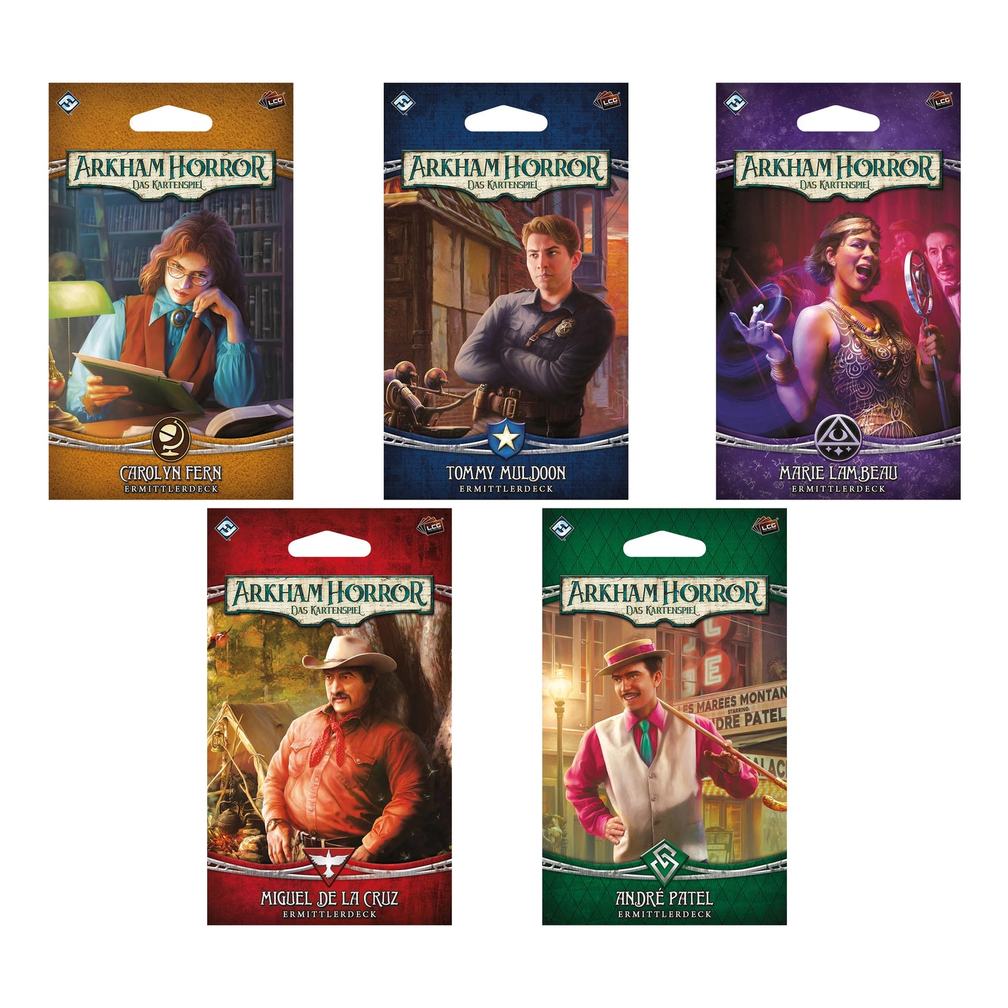 Arkham Horror LCG Das Kartenspiel: 5x spielfertige Ermittlerdecks, Erweiterungen